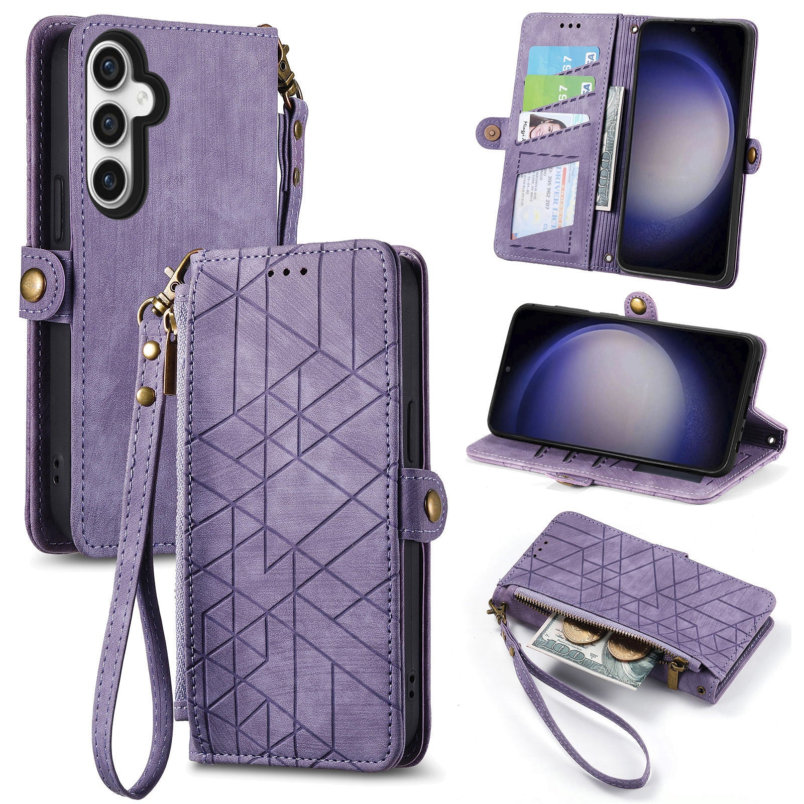 For Samsung Galaxy S23 FE PU Leather Phone Case Geometry Imprinted Wallet Zipper Pocket Stand Cover with Strap For Samsung Galaxy S23 FE PU Leather Phone Case Geometry Imprinted Wallet Zipper Pocket Stand Cover with Strap